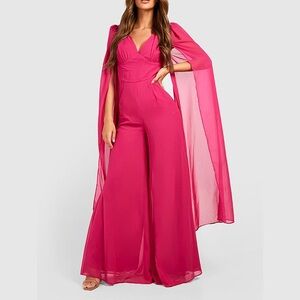 Cape Detail Plunge Wide Leg Jumpsuit in Pink Raspberry NWT